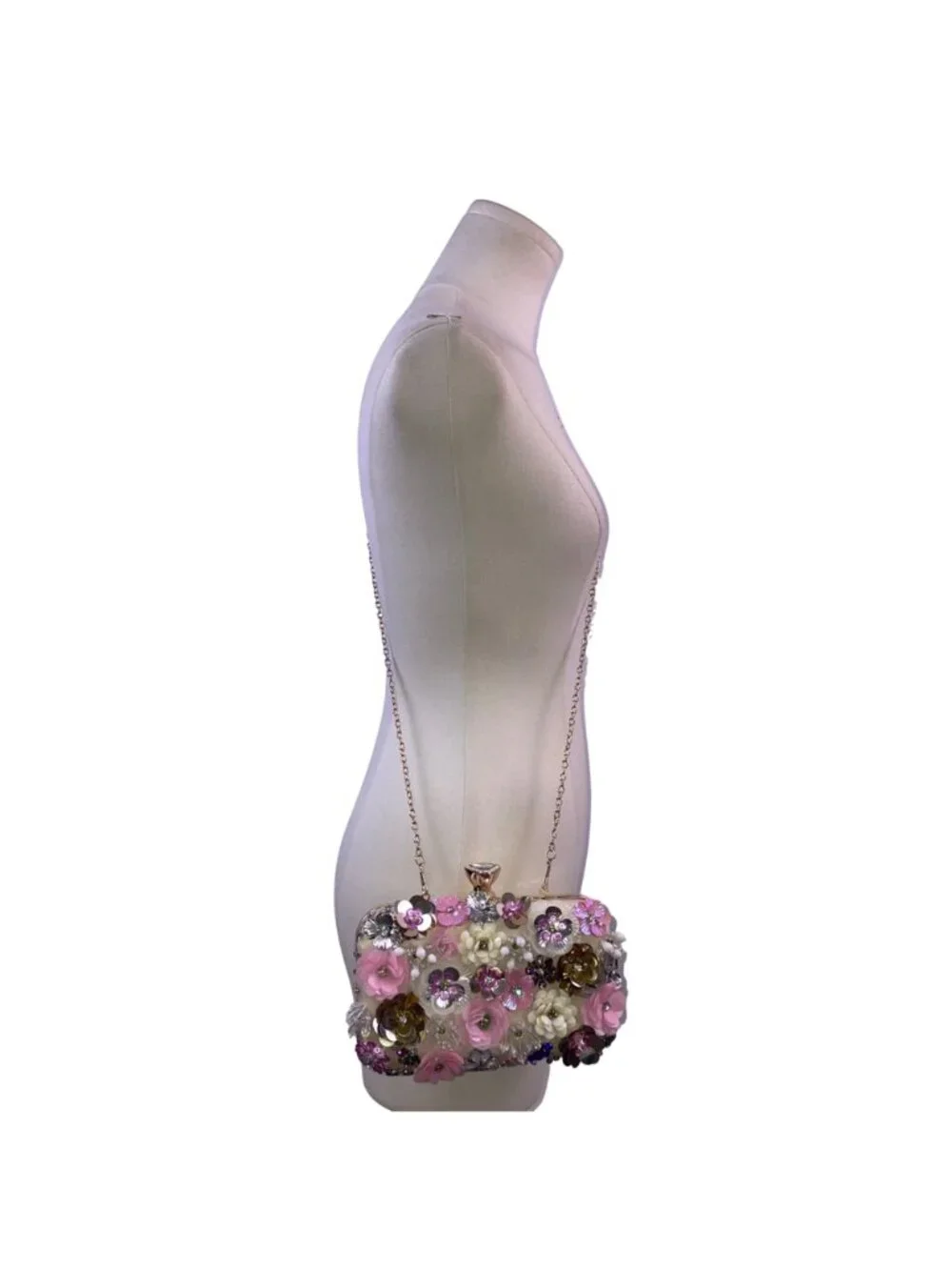 Women’s Pink Floral Embellishment With Chain Strap & Handle Clutch Purse
